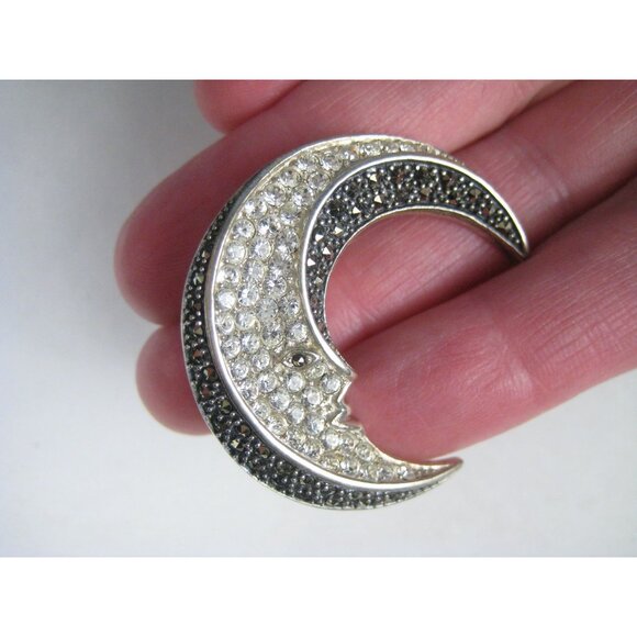 Sterling Silver Crescent Man in Moon Brooch Pin Marcasite Gem C Z 925 Thailand - Picture 3 of 5